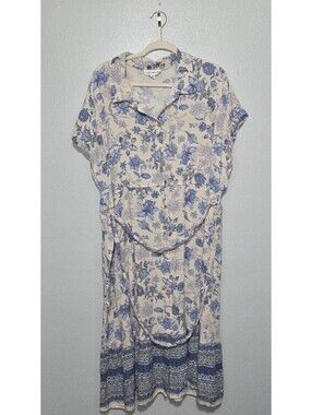 Lucky Brand Floral Dress Womens 3X Plus Blue Cream Button Down Midi Boho Border